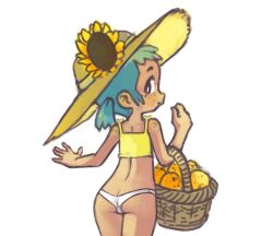 Rule 34 | 1girl, ass, basket, body freckles, butt crack, closed mouth, cowboy shot, crop top, female focus, flower, food, freckles, freckles on ass, from behind, fruit, hat, highres, holding, holding basket, looking at viewer, looking back, orange (fruit), original, panties, profile, qtkat, shirt, short hair, short twintails, sidelocks, simple background, sleeveless, sleeveless shirt, smile, solo, spaghetti strap, straw hat, sun hat, sunflower, thighs, twintails, underwear, white background, white panties, yellow shirt