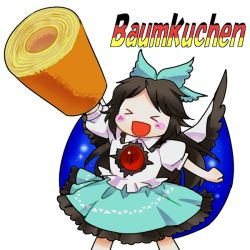 Rule 34 | &gt; &lt;, 1girl, :d, alternate weapon, arm cannon, arm up, baumkuchen, black hair, black wings, blush stickers, bow, cape, chamaruk, closed eyes, female focus, food, hair bow, long hair, open mouth, puffy sleeves, reiuji utsuho, short sleeves, simple background, skirt, smile, solo, text focus, third eye, touhou, weapon, white background, wings, xd