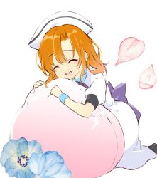 Rule 34 | 1girl, ^ ^, back bow, beret, blue flower, blue wrist cuffs, blush, bow, closed eyes, commentary request, dress, feet out of frame, flower, food, fruit, hair between eyes, happy, hashtag only commentary, hat, higurashi no naku koro ni, hug, hugging object, kneeling, leaning forward, medium hair, open mouth, orange hair, peach, puffy short sleeves, puffy sleeves, purple bow, ryuuguu rena, short sleeves, simple background, smile, solo, suzuragi karin, white background, white dress, white hat, wrist cuffs
