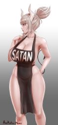 Rule 34 | 1girl, absurdres, aestheticc-meme, apron, artist name, black apron, breasts, cleavage, collarbone, curvy, demon girl, demon horns, demon tail, gloves, hand on own hip, helltaker, highres, horns, huge breasts, large breasts, lips, lucifer (helltaker), naked apron, pelvic curtain, red eyes, solo, tail, thick thighs, thighs, white gloves, white hair, wide hips