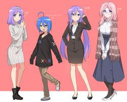 Rule 34 | 4girls, :d, ahoge, aldehyde, alternate hair length, alternate hairstyle, arrow (symbol), black footwear, black hoodie, black legwear, blue hair, blue skirt, boots, breasts, brown background, brown jacket, brown pants, brown skirt, closed mouth, collared shirt, commentary request, crocs, dress, dress shirt, fringe trim, glasses, green eyes, grey footwear, high-waist skirt, high heels, highres, hiiragi kagami, hiiragi tsukasa, hood, hood down, hoodie, izumi konata, jacket, large breasts, long hair, long sleeves, looking at viewer, lucky star, multiple girls, office lady, aged up, open mouth, pants, pantyhose, parted lips, pencil skirt, pink hair, plaid, purple eyes, purple hair, ribbed dress, shirt, skirt, sleeves past wrists, small breasts, smile, standing, standing on one leg, takara miyuki, translated, twintails, two-tone background, very long hair, white background, white dress, white footwear, white shirt