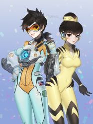 Rule 34 | 2girls, alternate color, alternate costume, b.va (overwatch), blue background, blue bodysuit, bodysuit, bomber jacket, breasts, brown eyes, brown hair, chest harness, confetti, covered navel, cowboy shot, d.va (overwatch), gloves, goggles, gradient background, gun, hair bun, hand on own hip, handgun, harness, headgear, holding hands, jacket, jinial, lips, looking at viewer, medium breasts, multicolored clothes, multiple girls, overwatch, overwatch 1, parted lips, pilot suit, short hair, single hair bun, skin tight, smile, spiked hair, tracer (overwatch), weapon