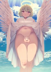 Rule 34 | 1futa, :o, absurdres, angel, angel wings, bar censor, bare arms, bare shoulders, blue sky, bottomless, breasts, breasts apart, brown hair, censored, clothes lift, cloud, cloudy sky, cowboy shot, day, dress, dress lift, eyelashes, flaccid, flashing, foreskin, futanari, groin, halo, highres, large breasts, legs together, lifted by self, light rays, looking at viewer, medium breasts, navel, no panties, open mouth, original, outdoors, penis, pink eyes, short hair, skirt, skirt lift, sky, sleeveless, sleeveless dress, slit pupils, small penis, solo, standing, stomach, sunbeam, sundress, sunlight, teeth, testicles, upper teeth only, white dress, wings, yana (nekoarashi)