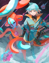 Rule 34 | 1boy, 1other, absurdres, black footwear, black gloves, boots, bright pupils, closed mouth, coat, commentary request, creatures (company), deoxys, deoxys (normal), game freak, gen 3 pokemon, gloves, green eyes, green hair, highres, leg up, male focus, meteor, mythical pokemon, nintendo, official alternate costume, pants, pokemon, pokemon (creature), pokemon masters ex, shirt, short hair, smile, steven stone, steven stone (sygna suit), tentacles, yu no6767