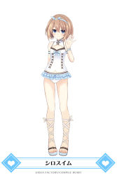 Rule 34 | 1girl, arm behind back, bare shoulders, blanc (neptunia), blue eyes, blue hairband, blue skirt, breasts, brown hair, cleavage cutout, clothing cutout, company name, flower, full body, hair between eyes, hair flower, hair ornament, hairband, hand up, highres, looking at viewer, mainichi compile heart, neptune (series), official art, one-piece swimsuit, sandals, short hair, simple background, skirt, small breasts, smile, solo, swimsuit, swimsuit skirt, translated, tsunako, waving, white background, white one-piece swimsuit, wristband