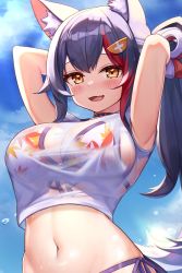 Rule 34 | 1girl, :d, absurdres, alternate hairstyle, animal ears, armpits, arms behind head, bad id, bad twitter id, bikini, bikini under clothes, black hair, blue sky, blush, breasts, brown eyes, cloud, day, deaver, fang, floral print, hair ornament, halterneck, highres, hololive, large breasts, long hair, looking at viewer, multicolored hair, navel, ookami mio, ookami mio (hololive summer 2019), open mouth, ponytail, print bikini, red hair, side-tie bikini bottom, sky, smile, solo, streaked hair, string bikini, swimsuit, tail, virtual youtuber, wet, wolf ears, wolf tail