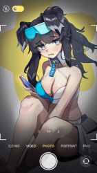 Rule 34 | 1girl, absurdres, bare arms, bare legs, bare shoulders, black hair, blue archive, blue eyes, breasts, cellphone, cleavage, commentary request, crop top, facial mark, feet out of frame, goggles, goggles on head, hibiki (blue archive), hibiki (cheer squad) (blue archive), highres, holding, holding phone, large breasts, long hair, looking at viewer, midriff, millennium cheerleader outfit (blue archive), phone, plabit, sitting, smartphone, solo, star (symbol), stomach