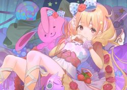 Rule 34 | 1girl, bad id, bad pixiv id, blonde hair, blue bow, blush, bow, bracelet, breasts, brown eyes, candy, candy wrapper, commentary request, dress, flower, food, fruit, futaba anzu, grin, hair between eyes, hair bow, hair flower, hair ornament, hands up, idolmaster, idolmaster cinderella girls, idolmaster cinderella girls starlight stage, jewelry, koyoi mitsuki, leg ribbon, lollipop, long hair, looking at viewer, pearl bracelet, pink flower, polka dot, polka dot bow, red flower, red rose, ribbon, rose, sleeveless, sleeveless dress, small breasts, smile, solo, star (symbol), star hair ornament, strawberry, striped ribbon, stuffed animal, stuffed rabbit, stuffed toy, stuffed unicorn, swirl lollipop, very long hair, white dress, white ribbon, wrist cuffs