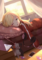 Rule 34 | 10s, 1girl, aliter, apple inc., blonde hair, blue eyes, blush, cellphone, computer, couch, curtains, danganronpa (series), drooling, dutch angle, frilled pillow, frills, gabriel dropout, gabriel tenma white, headphones, highres, indoors, jacket, laptop, lens flare, long hair, long sleeves, lying, monokuma, on stomach, one eye closed, open mouth, phone, pillow, smartphone, solo, star (symbol), star print, sunlight, tile floor, tiles, track jacket, usb, window