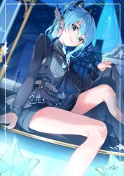 Rule 34 | 1girl, belt, black nails, blue eyes, blue hair, closed mouth, commentary request, glint, highres, hololive, hoshimachi suisei, hoshimachi suisei (shout in crisis), legs, long hair, looking at viewer, official alternate costume, ponytail, saekiyahiro, signature, sitting, skirt hold, smile, solo, star (symbol), star in eye, symbol in eye, thighs, virtual youtuber, wing hair ornament