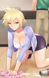 Rule 34 | 10s, 1boy, 1girl, absurdres, all fours, bakugou mitsuki, bent over, blonde hair, boku no hero academia, bottle, breasts, cleaning, cleavage, highres, large breasts, mature female, milk, milk bottle, on floor, pencil skirt, short hair, skirt, spiked hair, tagme, xkit