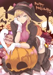 Rule 34 | 1girl, bad id, bad twitter id, black thighhighs, blonde hair, blue eyes, boots, cake, food, ghost, gloves, halloween, hat, highres, jack-o&#039;-lantern, long hair, looking at viewer, original, smile, solo, thighhighs, touma kisa, white gloves, witch hat