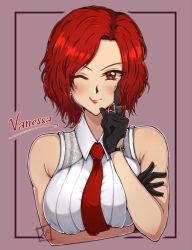 Rule 34 | 1girl, breasts, gloves, highres, large breasts, looking at viewer, mature female, one eye closed, outside border, red eyes, red hair, smile, the king of fighters, vanessa (kof)
