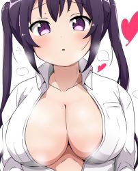 Rule 34 | 1girl, black hair, blush, breasts, breath, cleavage, collarbone, gochuumon wa usagi desu ka?, large breasts, liyocafe, long hair, long sleeves, looking at viewer, open clothes, open mouth, open shirt, purple eyes, shirt, standing, tedeza rize, twintails, upper body, white background, white shirt