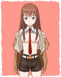 Rule 34 | 1girl, blue eyes, breasts, brown hair, convenient censoring, hair censor, hair over breasts, kamimiya, large breasts, long hair, makise kurisu, necktie, no bra, no legwear, open clothes, open shirt, red necktie, shirt, shorts, solo, standing, steins;gate