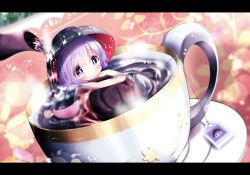 Rule 34 | 1girl, akisha, bad id, bad pixiv id, bathing, blush, bowl, cup, hat, highres, in container, in cup, letterboxed, looking at viewer, mini person, minigirl, nude, pouring, purple eyes, purple hair, solo, sukuna shinmyoumaru, teabag, teacup, teapot, touhou