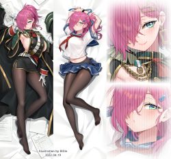 Rule 34 | 1girl, aiguillette, arm up, armpits, arms up, artist name, azur lane, bed sheet, billie (meng gong fang), black coat, black pantyhose, black sleeves, blouse, blue ribbon, blue sailor collar, blue skirt, blush, breasts, coat, commentary request, dakimakura (medium), dated, earrings, epaulettes, eyes visible through hair, full body, gloves, green eyes, hair between eyes, hair ornament, hair over one eye, hairclip, holding, holding pen, jewelry, large breasts, long hair, looking at viewer, lying, military, military uniform, miniskirt, mole, mole on body, mole under eye, multiple views, neckerchief, no shoes, official alternate costume, on back, pantyhose, paper, pen, pink hair, pleated skirt, ponytail, red neckerchief, ribbon, sailor collar, school uniform, shadow, shirt, shirt overhang, short sleeves, shrug (clothing), sideboob, sidelocks, skirt, smartwatch, smile, tabard, trieste (azur lane), trieste (rooftop lunch break) (azur lane), uniform, watch, white gloves, white shirt, wristwatch