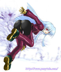 Rule 34 | 1girl, aqua hair, ass, bent over, breasts, gloves, kula diamond, red eyes, snk, solo, the king of fighters
