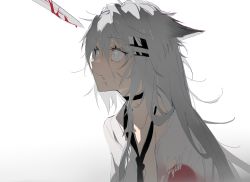 Rule 34 | 1girl, alternate costume, animal ears, arknights, black choker, black necktie, blood, blood on clothes, blood on face, bloody weapon, blue eyes, bright pupils, choker, hair between eyes, hair ornament, hairclip, highres, injury, knife, lappland (arknights), long hair, looking up, meng ziya, necktie, out of frame, parted lips, silver hair, solo, upper body, very long hair, weapon, wolf ears