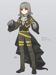 Rule 34 | 1boy, aona (noraneko), belt, black sclera, blunt bangs, blunt ends, center frills, character name, coattails, colored sclera, creatures (company), cropped jacket, dress shirt, dusknoir, frills, frown, game freak, gem, gen 4 pokemon, gloves, grey hair, high collar, humanization, ascot, leg belt, loafers, long sleeves, looking at viewer, male focus, medium hair, multiple belts, nintendo, pants, pokedex number, pokemon, popped collar, red eyes, shirt, shoes, signature, solo, waistcoat, wide sleeves
