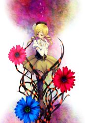 Rule 34 | 10s, 1girl, beret, black thighhighs, blonde hair, boots, detached sleeves, drill hair, flower, hat, highres, magical girl, mahou shoujo madoka magica, mahou shoujo madoka magica (anime), plant, skirt, sleeves past wrists, solo, thighhighs, tomoe mami, twin drills, twintails, uruchi kome, vines, zettai ryouiki