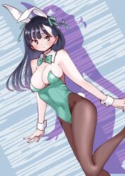 Rule 34 | 1girl, animal ears, bare shoulders, blue hair, blush, boku no kokoro no yabai yatsu, bow, bowtie, breasts, brown eyes, brown pantyhose, closed mouth, collar, copyright name, covered navel, dark blue hair, detached collar, fake animal ears, fake tail, feet out of frame, green bow, green bowtie, green leotard, green ribbon, hair ribbon, highleg, highleg leotard, highres, large breasts, leotard, long hair, looking at viewer, official art, pantyhose, playboy bunny, rabbit ears, rabbit tail, red nails, ribbon, sakurai norio, simple background, solo, straight hair, strapless, strapless leotard, tail, thighs, traditional bowtie, white collar, white wrist cuffs, wrist cuffs, yamada anna