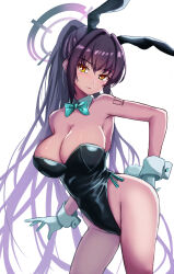 Rule 34 | 1girl, absurdres, animal ears, bare shoulders, black hair, black leotard, blue archive, bow, bowtie, breasts, cleavage, closed mouth, commentary request, contrapposto, cowboy shot, dark-skinned female, dark skin, dot nose, earrings, fake animal ears, fake tail, gloves, green bow, green bowtie, hair between eyes, halo, hand on own hip, high ponytail, highleg, highleg leotard, highres, jewelry, karin (blue archive), karin (bunny) (blue archive), large breasts, leotard, light blush, long hair, looking at viewer, multicolored hair, no legwear, official alternate costume, omurainu, playboy bunny, purple hair, simple background, solo, strapless, strapless leotard, tail, thighs, two-tone hair, very long hair, white background, white gloves, wrist cuffs, yellow eyes