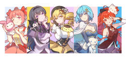 Rule 34 | 5girls, ;q, absurdres, ahoge, akemi homura, black hair, blonde hair, blue eyes, blue hair, border, breasts, cape, choker, cinnamoroll, cleavage, closed mouth, cloudyman, commentary, dress, drill hair, english commentary, fingerless gloves, fortissimo, gloves, hair between eyes, hair ornament, hair ribbon, hairband, hat, hello kitty, hello kitty (character), highres, kaname madoka, kuromi, large breasts, long hair, looking at viewer, magical girl, mahou shoujo madoka magica, mahou shoujo madoka magica (anime), medium breasts, miki sayaka, multiple girls, musical note, musical note hair ornament, my melody, one eye closed, onegai my melody, outside border, pastel colors, pink eyes, pink hair, pompompurin, purple eyes, red eyes, red hair, ribbon, sakura kyoko, sanrio, short hair, skirt, smile, soul gem, split mouth, tomoe mami, tongue, tongue out, twin drills, twintails, upper body, white border, yellow eyes