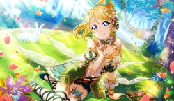 Rule 34 | 1girl, alternate hairstyle, animal print, aqua bow, artist request, ayase eli, bare legs, bare shoulders, blonde hair, blue eyes, blush, bow, breasts, butterfly hair ornament, butterfly print, cleavage, collarbone, cross-laced clothes, cross-laced dress, dress, female focus, flower, frilled dress, frills, green dress, green footwear, green ribbon, hair between eyes, hair bobbles, hair bow, hair flower, hair ornament, highres, long hair, looking at viewer, love live!, love live! school idol festival, love live! school idol festival all stars, love live! school idol project, medium breasts, parted lips, ponytail, puffy short sleeves, puffy sleeves, ribbon, ribbon-trimmed legwear, ribbon trim, shoes, short sleeves, solo