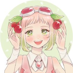 Rule 34 | 1girl, bare shoulders, blush, brooch, cherry hair ornament, food-themed hair ornament, goggles, goggles on head, gradient hair, green eyes, gumi, hair ornament, jewelry, looking at viewer, lowres, multicolored hair, open mouth, pink hair, pink shirt, raputsue, red goggles, sakura gumi, shirt, sidelocks, smile, solo, vocaloid, wrist cuffs