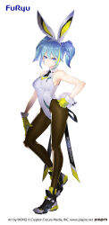 Rule 34 | &gt;:), 1girl, absurdres, animal ear hairband, animal ears, artist name, back bow, bare arms, bare shoulders, bicute bunnies miku, black footwear, black necktie, black pantyhose, blonde hair, blue eyes, blue hair, bow, braid, character name, closed mouth, collared leotard, company name, copyright notice, fake animal ears, figure available, fishnet pantyhose, fishnets, fishnets over socks, full body, gloves, hairband, halter leotard, halterneck, hand on own hip, hand on own leg, hand on own thigh, hatsune miku, highres, leotard, limited palette, looking at viewer, merchandise available, monq, multicolored hair, necktie, official art, pantyhose, playboy bunny, rabbit ear hairband, rabbit ears, rabbit tail, second-party source, shoes, short necktie, short twintails, sidelocks, sleeveless, smile, sneakers, solo, standing, streaked hair, tachi-e, tail, twintails, v-shaped eyebrows, vocaloid, white hairband, white leotard, wing collar, wrist cuffs, yellow gloves