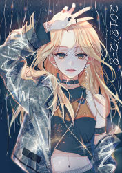 Rule 34 | 1girl, artist name, bad id, bad pixiv id, bare shoulders, belt, black choker, black nails, blonde hair, choker, clothes writing, crop top, dated, grey jacket, hand up, highres, jacket, jewelry, lipstick, lococo:p, long hair, looking at viewer, makeup, midriff, nail polish, navel, open clothes, open jacket, original, parted lips, ring, solo, yellow eyes