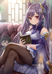 Rule 34 | 1girl, absurdres, blurry, blurry background, blurry foreground, blush, book, braid, breasts, brown pantyhose, character doll, choker, collared dress, commentary request, cone hair bun, couch, crossed legs, depth of field, detached sleeves, dress, feet out of frame, genshin impact, hair bun, hair ornament, highres, holding, holding book, indoors, keqing (genshin impact), light particles, long hair, long sleeves, looking at viewer, medium breasts, on couch, open book, pantyhose, parted lips, purple choker, purple dress, purple hair, red eyes, sidelocks, sitting, solo, tassel, tenton (henatyo), twintails, very long hair, zhongli (genshin impact)