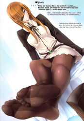 Rule 34 | 1girl, arms at sides, bed, bed sheet, black panties, black ribbon, blue eyes, blunt bangs, blush, boots, breasts, brown hair, brown pantyhose, closed mouth, collared shirt, commentary request, crossed legs, crotch seam, eyepatch, fate/grand order, fate (series), feet, foot focus, full body, hair over one eye, hard-translated, highres, hip focus, indoors, legs, legs together, long hair, long sleeves, looking at viewer, medium breasts, neck ribbon, no shoes, on bed, ophelia phamrsolone, panties, panties under pantyhose, pantyhose, pantyshot, ribbon, ruton-niki, shirt, shrug (clothing), sidelocks, sitting, skirt, sleeves past fingers, sleeves past wrists, soles, solo, straight hair, thighband pantyhose, third-party edit, toes, translated, underwear, unworn boots, upskirt, white panties, white shirt, white skirt, wing collar