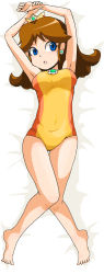 Rule 34 | 1girl, bed, blue eyes, breasts, brown hair, crown, earrings, flower earrings, full body, gem, highres, jewelry, legs, leotard, looking at viewer, lying, mario &amp; sonic at the olympic games, mario (series), medium breasts, nintendo, on back, one-piece swimsuit, open mouth, orange leotard, princess daisy, sega, solo, super mario bros. 1, super mario land, swimsuit, tomboy, yellow one-piece swimsuit