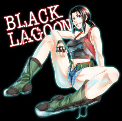 Rule 34 | 1girl, absurdres, amakara neko, bare shoulders, belt, black lagoon, boots, breasts, brown eyes, brown hair, cigarette, combat boots, copyright name, cross-laced footwear, denim, denim shorts, full body, grin, highres, holster, lace-up boots, large breasts, long hair, looking at viewer, midriff, ponytail, revy (black lagoon), short shorts, shorts, shoulder holster, sitting, smile, smoking, solo, spread legs, tank top, thighs, toned
