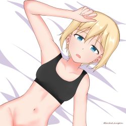 Rule 34 | 1girl, acht augen, bed, black sports bra, blonde hair, blue eyes, blush, bottomless, collarbone, erica hartmann, groin, highres, looking at viewer, navel, no panties, on bed, open mouth, shiny skin, short hair, solo, sports bra, strike witches, underwear, upper body, waking up, world witches series
