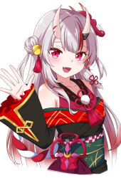 Rule 34 | 1girl, :d, bare shoulders, bell, black kimono, blush, cropped torso, double bun, fang, frilled sleeves, frills, gold trim, gradient hair, grey hair, hachiman tanuki, hair bell, hair bun, hair ornament, highres, hololive, horns, japanese clothes, jingle bell, kimono, kouhaku nawa, long hair, long sleeves, looking at viewer, multicolored hair, nakiri ayame, nakiri ayame (1st costume), off shoulder, oni, open mouth, outstretched hand, red eyes, red hair, rope, shimenawa, simple background, skin-covered horns, smile, solo, streaked hair, tassel, tassel hair ornament, two side up, upper body, virtual youtuber, waving, white background, wide sleeves