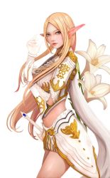 Rule 34 | 1girl, blonde hair, blue eyes, breasts, elf, elf (lineage 2), flower, gloves, highres, holding, holding own hair, lineage, lineage 2, long hair, medium breasts, midriff, navel, pointy ears, pop721119, simple background, solo, sword, very long hair, weapon, white background, white flower, white gloves