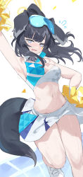 Rule 34 | 1girl, absurdres, animal ears, arm up, blue archive, cheerleader, dog ears, dog tail, eyewear on head, hibiki (blue archive), hibiki (cheer squad) (blue archive), highres, lemoneko, looking at viewer, millennium cheerleader outfit (blue archive), navel, pom pom (cheerleading), simple background, solo, sunglasses, tail, white background