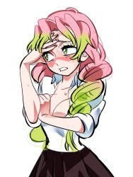 Rule 34 | 1girl, averting eyes, black skirt, blush, braid, breasts, cleavage, collared shirt, embarrassed, eyelashes, gradient hair, green eyes, hand on own arm, hand to forehead, highres, kanroji mitsuri, kimetsu no yaiba, large breasts, lips, long hair, long sleeves, mole, mole under each eye, mole under eye, multicolored hair, multiple braids, multiple moles, open collar, parted lips, shirt, simple background, skirt, sleeves rolled up, solo, soyeonp19, sweat, twin braids, two-tone hair, upper body, white background, white shirt