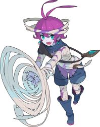 Rule 34 | 1boy, antenna hair, arms up, artist request, bandaged arm, bandaged head, bandaged leg, bandages, blood, bloody bandages, blue capelet, blue eyes, blue footwear, blue gemstone, blue shorts, blue skin, boots, capelet, child, colored blood, colored skin, crystal, earrings, fang, finger gun, full body, gem, happy, highres, jewelry, leaning forward, looking at viewer, male focus, multicolored clothes, multicolored shorts, non-web source, official art, open mouth, outstretched arms, own hands together, purple blood, purple hair, short hair, shorts, sidelocks, simple background, smile, solo, standing, stitches, talha (world flipper), teeth, topless male, transparent background, v-shaped eyebrows, world flipper, zombie