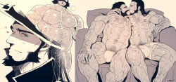 Rule 34 | 2boys, abs, absurdres, bara, bare pectorals, beard, black hair, blue eyes, boxers, briefs, bulge, character request, couch, couple, facial hair, feet out of frame, graves (league of legends), hairy, hat, highres, kiss, large pectorals, league of legends, light blush, long hair, male focus, male pubic hair, male underwear, manly, multiple boys, multiple views, muscular, navel, navel hair, nipples, partially colored, pectoral docking, pectoral press, pectorals, pubic hair, rybiok, shiny skin, short hair, thick thighs, thighs, twisted fate, underwear, underwear only, veins, yaoi