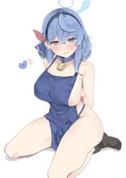 Rule 34 | 1girl, absurdres, ako (blue archive), alreadyusedpai, apron, arms behind back, bare legs, bell, blue apron, blue archive, blue collar, blue eyes, blue hair, blush, breasts, collar, commentary, cowbell, full body, hairband, halo, heart, highres, large breasts, naked apron, neck bell, parted lips, simple background, sitting, solo, symbol-only commentary, thighs, white background
