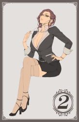 Rule 34 | 1girl, absurdres, black-framed eyewear, black skirt, breasts, brown hair, cleavage, collared shirt, crossed legs, earrings, feet, full body, glasses, hand on own hip, high heels, high ponytail, highres, jewelry, large breasts, legs, looking at viewer, mole, mole under eye, necklace, oda non, office lady, orange eyes, parted lips, pearl necklace, pencil skirt, pointer, ponytail, seductive smile, shirt, simple background, sitting, skirt, sleeves rolled up, smile, solo, thighhighs, thighs, zettai ryouiki