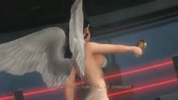 Rule 34 | 1girl, 3d, angel wings, animated, beach, bikini, black hair, blunt bangs, breasts, cleavage, dead or alive, dead or alive 5, dead or alive 5 last round, female focus, food, high heels, holding, holding food, ice cream, large breasts, licking lips, long hair, looking at viewer, mole, mole under mouth, nyotengu, purple eyes, sound, subtitled, swimsuit, tagme, tongue, tongue out, video, white bikini, white wings, wings, wrestling ring