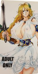 Rule 34 | 1girl, areola slip, blonde hair, blue eyes, breasts, cleavage, covered erect nipples, hasebe mitsuhiro, highres, huge breasts, long hair, mature female, revealing clothes, solo, sophitia alexandra, soul calibur, special action force, tagme