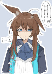 Rule 34 | 1girl, amiya (arknights), animal ears, arknights, ascot, blue ascot, blue background, blue eyes, blue jacket, brown hair, clothes writing, commentary request, drooling, enunomiya, exhausted, eyes visible through hair, grey background, hair between eyes, highres, jacket, long hair, looking at viewer, messy hair, open clothes, open jacket, outline, parted lips, rabbit ears, rabbit girl, shaded face, shirt, sidelocks, simple background, sketch, solo, speech bubble, translation request, uneven eyes, upper body, white outline, white shirt