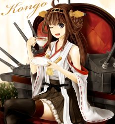 Rule 34 | 10s, 1girl, :d, bare shoulders, boots, brown hair, character name, cup, detached sleeves, double bun, hair ornament, hairband, headgear, hebinuma, japanese clothes, kantai collection, kongou (kancolle), long hair, looking at viewer, miko, nontraditional miko, one eye closed, open mouth, personification, pleated skirt, ribbon-trimmed sleeves, ribbon trim, saucer, sitting, skirt, smile, solo, teacup, thigh boots, thighhighs, wink