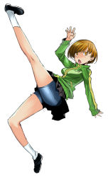 Rule 34 | 1girl, atlus, bike shorts, brown eyes, brown hair, from side, full body, high kick, highres, kicking, kung fu, persona, persona 4, pleated skirt, satonaka chie, simple background, skirt, solo, takase hironori, white background